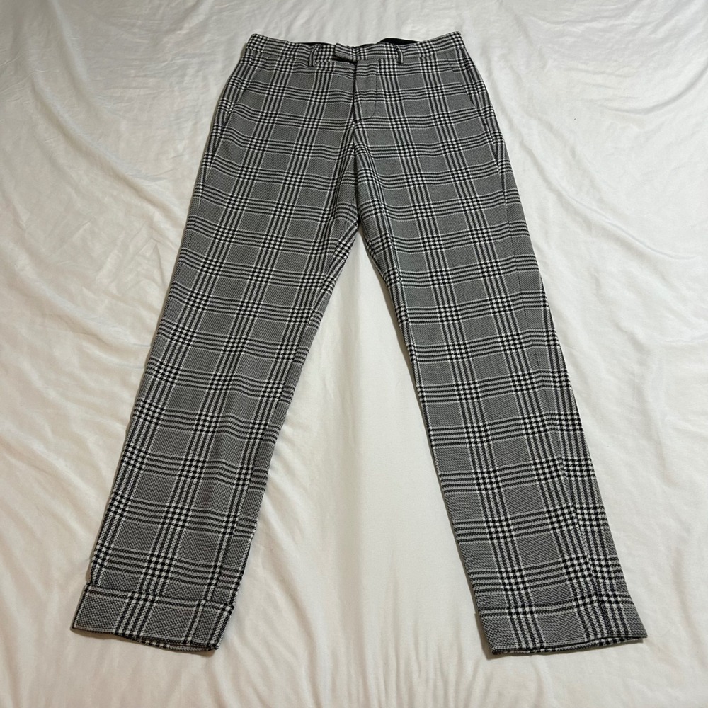 Zara‎ Man Black and White Glen Plaid Straight Leg Cuffed Trousers Dress Pants Sm